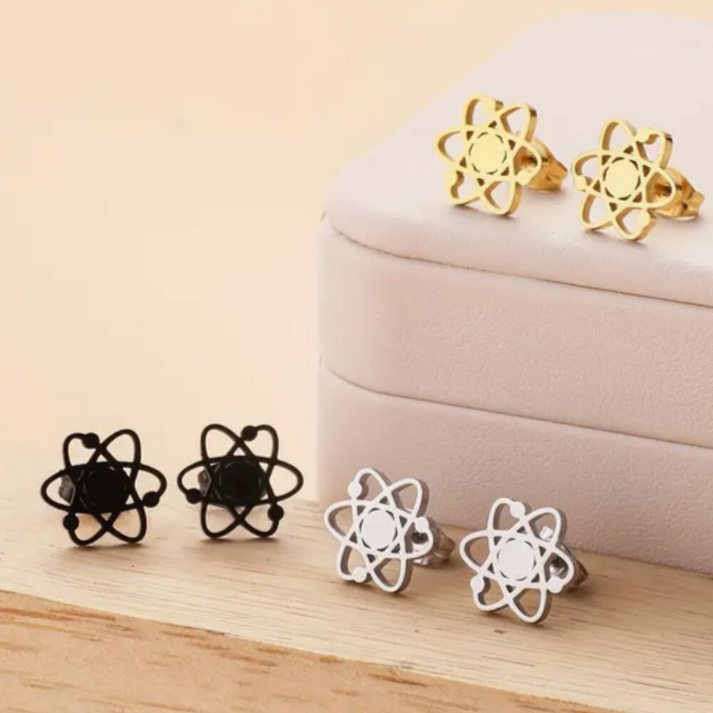 Silver Stainless Steel Nuclear Atom Earrings in Silver, Gold, or Black.